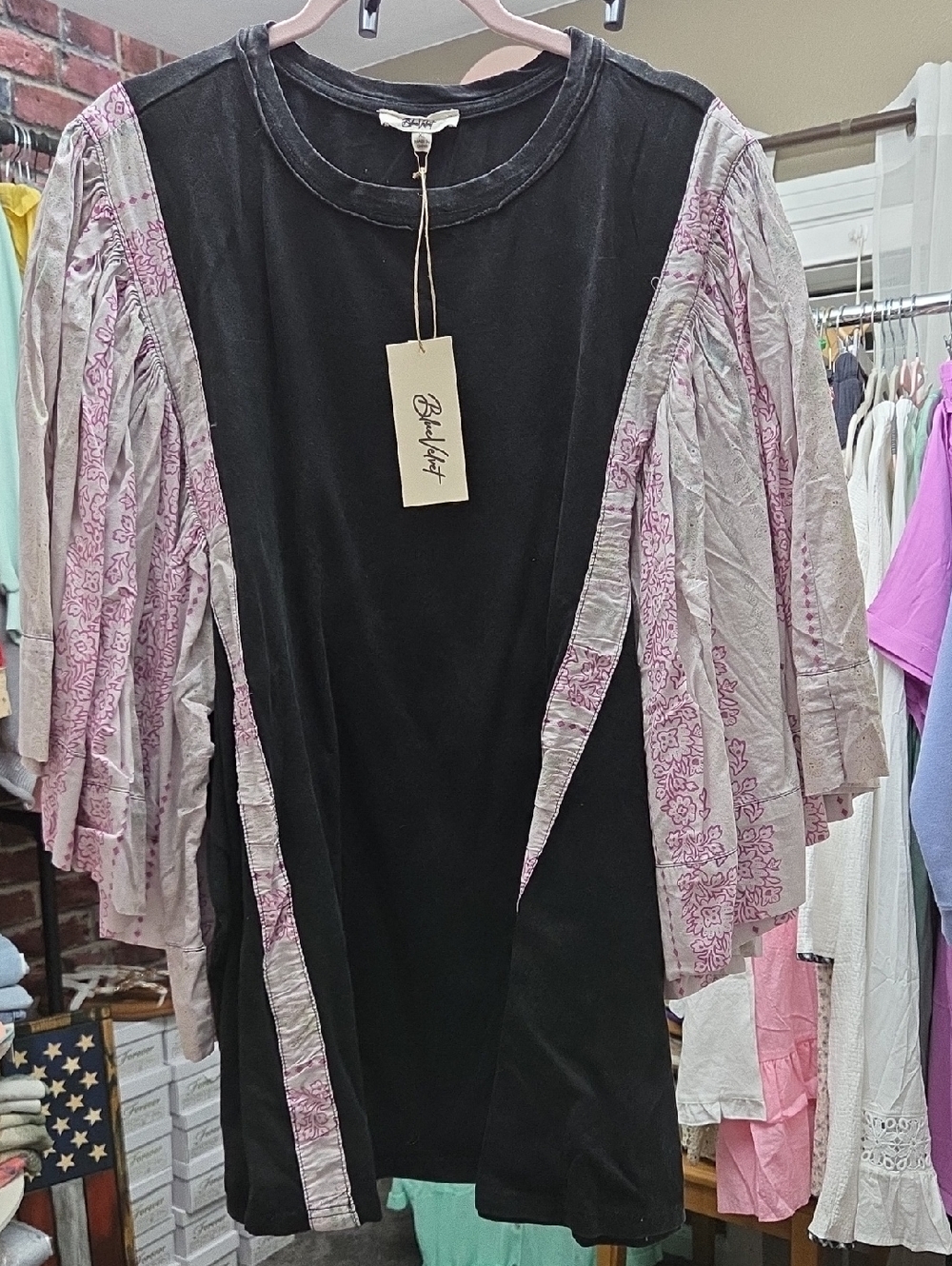 Black Tunic with Pink Floral Butterfly Sleeve Panels